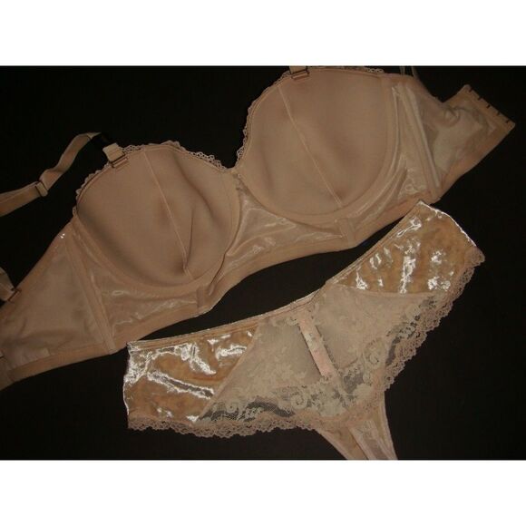 NWT Victoria's Secret 36DD BRA SET+L thong NUDE beige VELOUR velvet floral lace - Picture 6 of 6